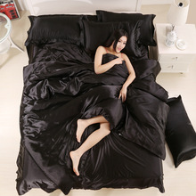 Black Pure Satin Silk Bedding Set Home Textile Twin Queen King Size Bedclothes Imitation Silk Soft Duvet Cover Pillowcases 2/3pc 2024 - buy cheap