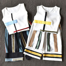 Комплект летней одежды в полоску для маленьких девочек, хлопковая Футболка Топ + длинные штаны комплект одежды из 2 предметов для девочек 2024 - купить недорого