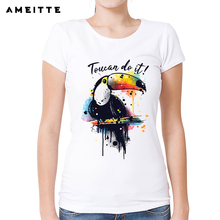 AMEITTE Watercolor Toucan Print T Shirt Women Summer Animal Short Sleeve Tshirt Harajuku Tees For Women White O-Neck Casual Tops 2024 - buy cheap