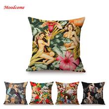 Tropical Leaves Flowers Floral Sexy Nude Girl Lady Cowgirl Hawaii Stylish Summer Sofa Decoration Pillow Case Linen Cushion Cover 2024 - buy cheap
