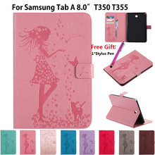 Girl Cat Embossed Case For Samsung Galaxy Tab A 8.0 inch SM-T350 T355 SM-T355 P350 Cover Funda Tablet PU Leather Stand Shell+Pen 2024 - buy cheap