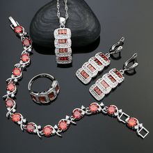 Conjunto de joias femininas, prata 925, pedra vermelha, zircônia cúbica branca, brincos, pingente, colar, anel, pulseira, para mulheres 2024 - compre barato