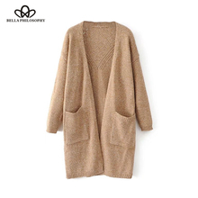 women autumn winter sweater cardigan new back crochet long with pockets khaki gray navy 2024 - buy cheap