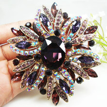 Free Shipping New Gorgeous Purple Flower Gold-Tone Brooch Pin Rhinestone Crystal 2024 - buy cheap