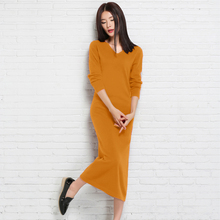 Women's Dresses Solid Full Sleeve V-Neck A-Line Mid-Calf Soft Cashmere Knitted Warm Autumn Winter Female Slim Long Dress 2024 - buy cheap
