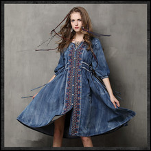 Free Shipping 2020 New Fashion Long Dress Autumn And Spring National Trend Denim Cotton Embroidery Half Sleeve Vintage Dresses 2024 - buy cheap