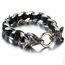 16mm High Quality Stainless Steel Silver Color Double Wolf Head Black Leather Wristband Men's Bracelet Bangle Punk Jewelry 8.66" 2024 - buy cheap