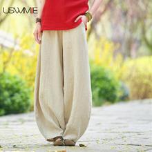 Women Linen Wide Leg Pants Casual Wild Autumn And Winter 2020 Plus Size Loose New Solid Color Pockets Elastic Waist Harem Pants 2024 - buy cheap