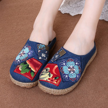 Algodão cânhamo chinês beijing pano sapatos respirável verão feminino bordado sapatos planos 2024 - compre barato