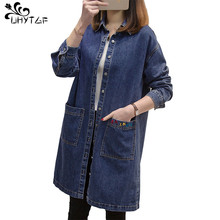 UHYTGF Women Denim Bomber Jacket Elegant Outwear Fashion Coat Medium long section Leisure Denim coat Plus size Wild coats X153 2024 - buy cheap