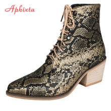 Aphixta Shoes Women Boots Mujer Shoe Female Ankle Boots Women Snake Skin Prints Wood Square Heel Pointed toe Ladies Sexy Shoes 2024 - buy cheap