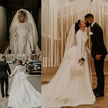 White Satin Plus size Dubai Arabic A Line Wedding Dresses 2021 Draped Long Sleeves Bridal Gowns Zipper Up Muslim Wedding Dress 2024 - buy cheap