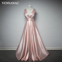 VENSANAC 2018 V Neck Pleat Sash Sleeveless A Line Long Evening Dresses Elegant Satin Backless Party Prom Gowns 2024 - buy cheap
