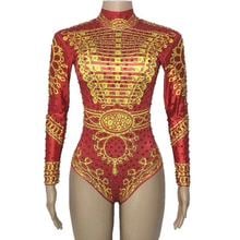Женское сексуальное боди золотистого и красного цвета, простая версия, комбинезон со сверкающими кристаллами, праздничная одежда для вечеринок, сцены 2024 - купить недорого