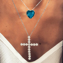 Ocean Heart New Lovely Style 2 Layers Cross Blue Crystal Rhinestone Necklace Multilayer Chain Choker Necklace For Gift 2 Pcs/Set 2024 - buy cheap