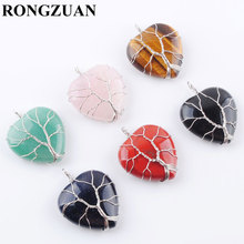 RONGZUAN Natural Golden Sand Black Agates Tiger's Eye Gem Stone Heart Bead Tree of Life Wire Wrap Pendant Necklace Chain TBN363 2024 - buy cheap