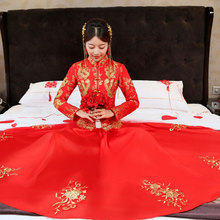 Fênix bordado vestido vermelho noiva qipao longo cheongsam vestido chinês tradicional vestido robe chinoise china vestido de casamento ql 2024 - compre barato