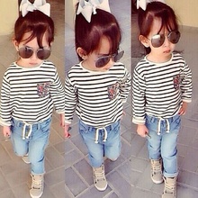 2019 New child suit baby girls autumn clothing set long sleeve stripe t-shirt + Jeans 2 pcs baby girl clothes retail CCS252 2024 - buy cheap