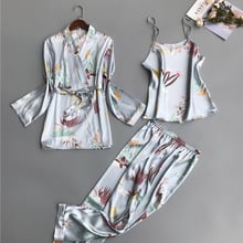 Conjunto de pijama con pantalones para mujer, Sexy ropa de dormir de satén con estampado de flores, bata de seda, 3 uds., novedad 2024 - compra barato