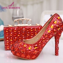 Red Crystal Wedding Shoes with Matching Purse Sparkling Rhinestone Bridesmaid Shoes with Clutch Low Middle High Heel Plus Size 2024 - buy cheap