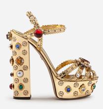 Carpaton Newest Gold Leather Rivets Studded High Heel Sandals Peep Toe Crystal Embellished Platofrm Thick Heels Shoe Dress Heels 2024 - buy cheap