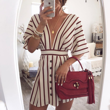 2018 Women's Vacation Bohemian Beach Striped Button Dress Sexy Deep V Neck Loose Dresses Summer Women Vintage Casual Dresses 2024 - buy cheap