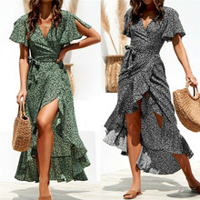 Women Polka Dot Dress Summer Boho Long Dress Ladies Flare Sleeve High Waist Lace-up Sundress Ruffle V-Neck Irregular Women Dress 2024 - buy cheap