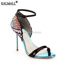 KALMALL-Sandalias de gladiador con correa de hebilla para mujer, zapatos de fiesta, tacones altos, cuero real, dibujo de pavo colorido, moda de verano 2024 - compra barato