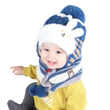 Детские милые вязаные шапки, шарфы для маленьких девочек и мальчиков, зимние Бархатные Теплые комплекты с шапкой и шарфом для детей от 6 до 36 месяцев 2024 - купить недорого
