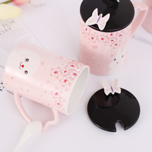 Taza de cerámica con dibujo de conejo rosa para café y leche, taza con tapa de arco 3D y cuchara, tazas de porcelana para café y té, regalo para beber 2024 - compra barato