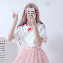 Летний женский новый корейский пуловер с круглым вырезом и бантом свободная футболка с короткими рукавами милая Повседневная Студенческая футболка 2024 - купить недорого