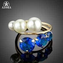 AZORA New Luxury Fascinating Gold Color Simulated Pearl Finger Rings Jewelry With Round Brilliant Cut Blue Zirconia Stone TR0204 2024 - buy cheap