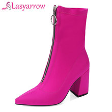 Lasyarrow 2018 Autumn Women Sock Boots Stretch Fabric Pointed Toe High Heels Ankle Boots Stiletto Botas Mujer Chunky Heel Zipper 2024 - buy cheap