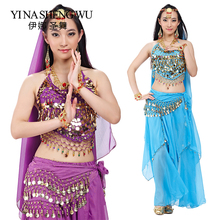 Indiano bollywood dança do ventre desempenho traje 5 peças conjunto (corrente de cabeça + sutiã + cabeça véu cintura corrente saia) trajes sexy bellydance 2024 - compre barato