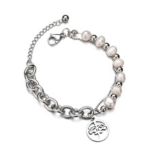 Pulseira imitação de pérola para mulheres, bracelete de aço inoxidável da moda com berloque de árvore da vida, 22cm 2024 - compre barato
