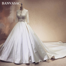 BANVASAC 2018 Vintage fotos reales abalorios media manga vestido de fiesta vestidos de novia encaje Sash Cathedral tren vestidos de novia 2024 - compra barato