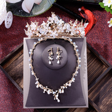 Korean brides gold crown pearl necklace earrings suit three pieces of new wedding hair jewelry wedding bridal crystal 2024 - buy cheap