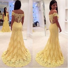 Mermaid Prom Dress Yellow Off the Shoulder Sleeveless Trumpet with Appliques Lace Tulle vestido formatura Evening Dress 2024 - buy cheap