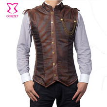 Brown Striped Stand Collar Sleeveless Zipper Steel Boned Vintage Steampunk Corset Jacket Gothic Clothing Men Waistcoat Vest Coat 2024 - buy cheap