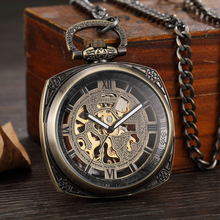 Винтажные Механические карманные часы, мужские ручные часы с ветром, Ретро стиль, циферблат с римскими цифрами, Прозрачный Бронзовый браслет, ручные часы, мужской подарок 2024 - купить недорого