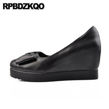 Round Toe Wedge Hidden Black 3 Inch 2021 Size 33 Closed High Heels Bow 4 34 Increase Shoes Pumps Genuine Leather Women Cute 2024 - buy cheap