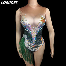 Sexy Peacock pattern Printed Bodysuit Sparkly Crystals Pearls Jumpsuit Bar DJ Women Singer Stage Wear Party Pole dancing Costume 2024 - buy cheap