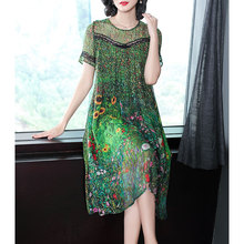 Vestido vintage de seda verde de pavão, estampa floral, vestidos de verão, tamanho grande, vestido de renda, costura, manga curta 2024 - compre barato