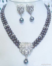 Free shipping 222 2 Rows Real Black Pearl White  Crystal Pendant Earrings Necklace Set 2024 - buy cheap