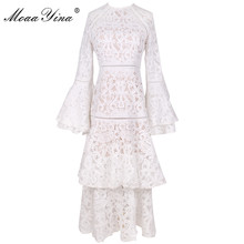 MoaaYina Fashion Designer Runway Dress Autumn Summer Women's Flare Sleeve White Lace Cascading Ruffle Dresses High Quality 2024 - buy cheap