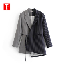 Women Blazers and Jackets 2019 Spring Colorblock Patchwork Striped Work Blazer Womens Blazer Notched Outerwear Ladies Long Coat 2024 - buy cheap