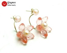 Qingmos Natural Pearl Earrings for Women with 5-6mm White Pearl & Pink Flower Crystal Earring Double Sided Ear Stud Jewelry e708 2024 - buy cheap