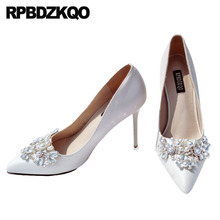 Sapato de salto alto feminino, sapato bico ponteiro cristalino, strass prata e strass, sapato de cetim 3 tamanhos chique 2024 - compre barato