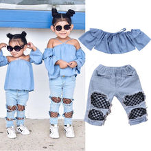 Moda para niños recién nacidos, niñas, Tops de manga larga con hombros descubiertos, pantalones vaqueros, conjunto de trajes con agujeros 2024 - compra barato