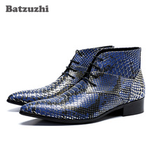 Batzuzhi-Botas hechas a mano para Hombre, zapatos de punta puntiaguda, diseño de pescado, Botines de Cuero azul, para fiesta y boda 2024 - compra barato